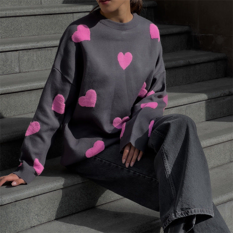 Damen Strick Sweatshirt Herzmuster Langarm Übergröße