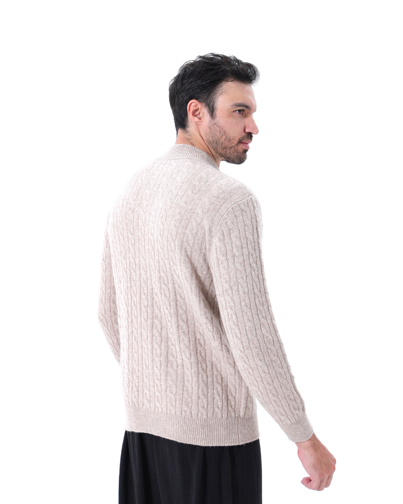 Herren Chasmere Pullover Kabelstrickmuster Halb Reißverschluss Beige
