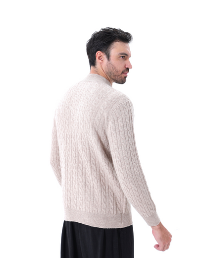 Herren Chasmere Pullover Kabelstrickmuster Halb Reißverschluss Beige