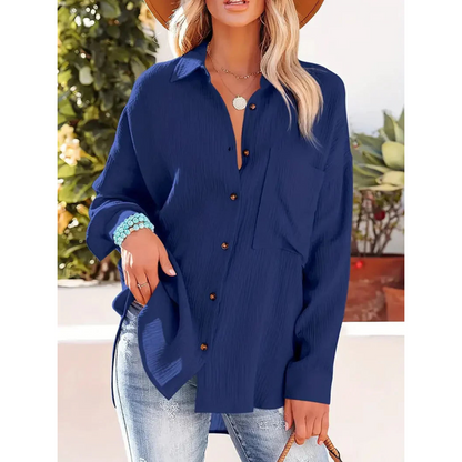 Damen Unifarben Bluse Knopfleiste Hemdkragen Langarm Elegante Bluse