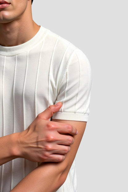 Herren Gestreiftes T-Shirt O-Hals Baumwolle Classic -Weiß