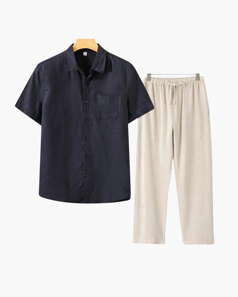Lincoln Herren Leinen-Set Kurzarmhemd Sommerhose Beige