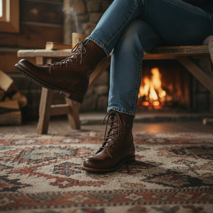 Norvielle Damen Schnürstiefel Leder Mittelhoher Schaft Runde Zehe