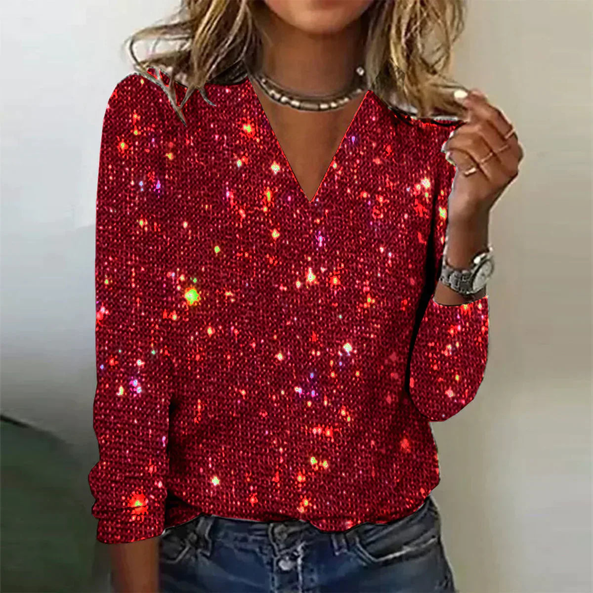 Damen Pullover V-Ausschnitt Pailletten