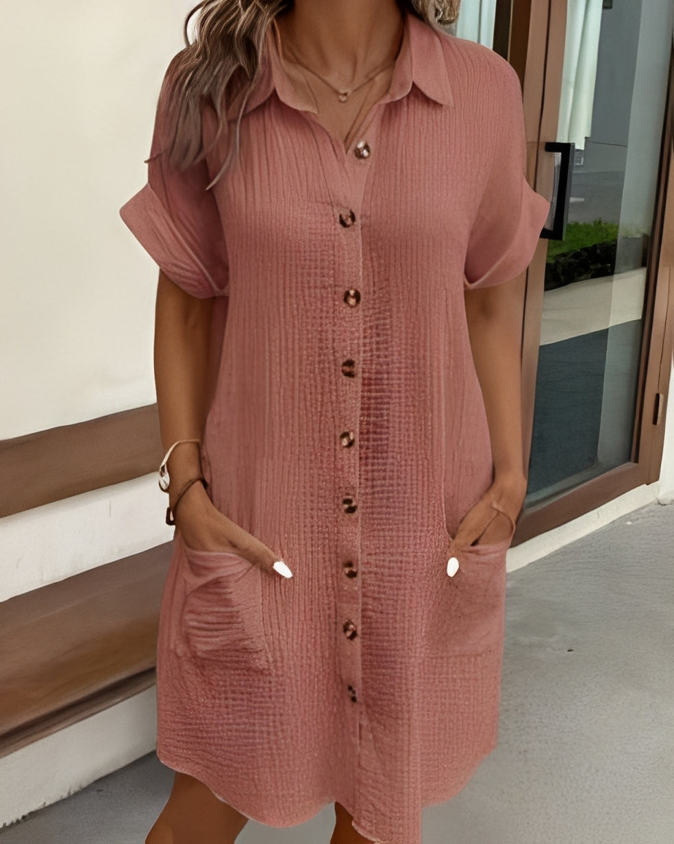 Damen Hemdkleid Einreihige Knopfleiste Leichtes Sommerkleid Beige