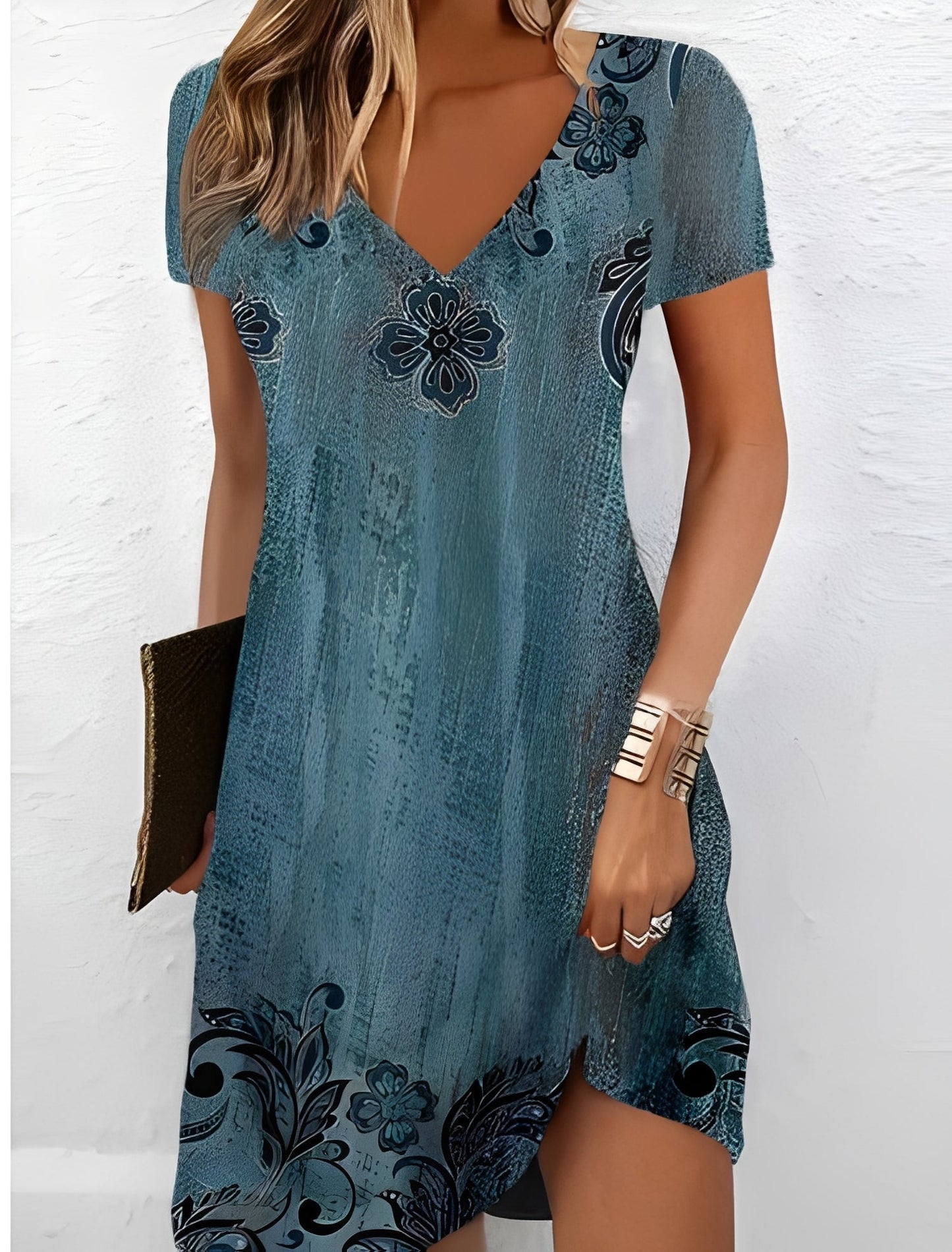 Damen Kleid V-Ausschnitt Blumenprint