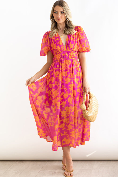 Norvielle Damen Maxi-Kleid Puffärmel Print