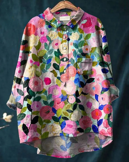 Damen Bluse Floral-Muster Knöpfe