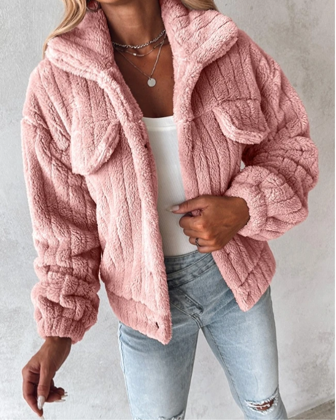 Damen Teddyjacke Kurz Reverskragen Kuschelig