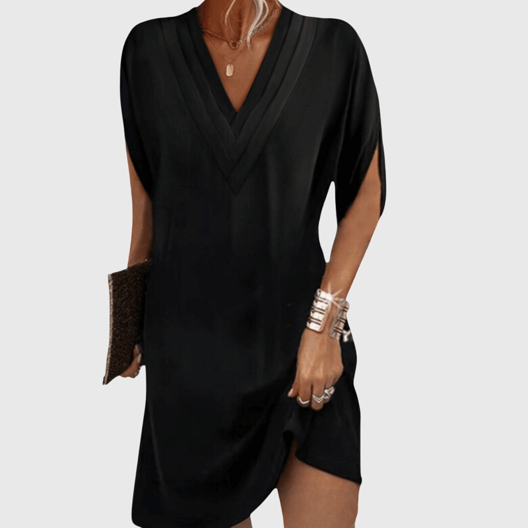 Damen V-Ausschnitt Mini Kleid Lockeres Design Schwarz - Norvielle