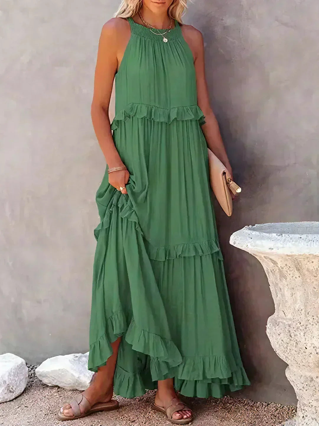Damen Maxikleid Volants Neckholder Ausschnitt Sommerlich Feminin