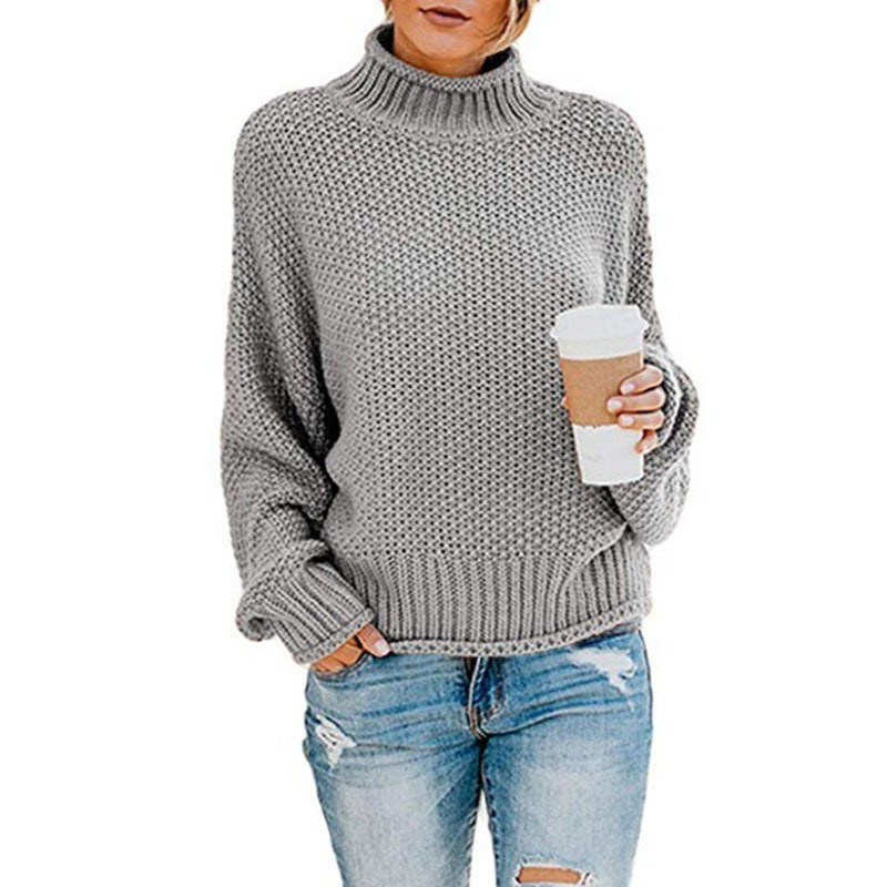 Damen Grobstrickpullover Hoher Kragen Weiter Schnitt