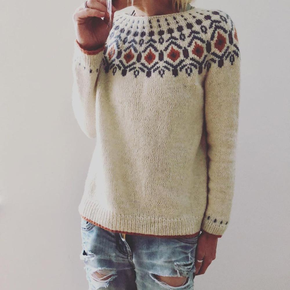 Damen Strickpullover Norweger Style Rundhals Geometrisches Muster