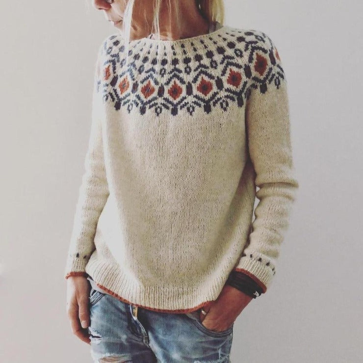 Damen Strickpullover Norweger Style Rundhals Geometrisches Muster - Norvielle