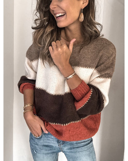Damen Strickpullover Modernes Farbblock Muster Lässiger Schnitt