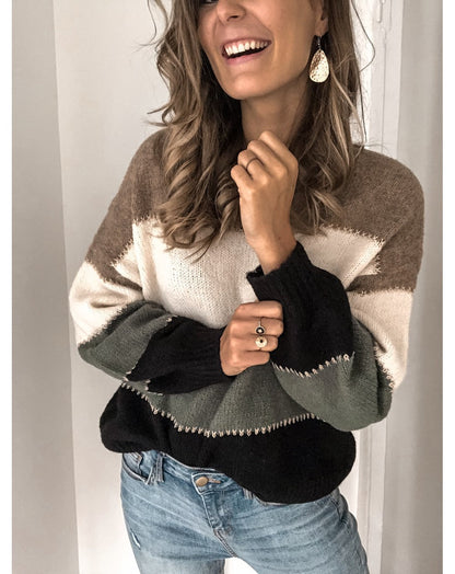 Damen Strickpullover Modernes Farbblock Muster Lässiger Schnitt