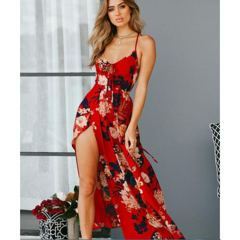 Damen Maxi-Kleid Blumenmuster V-Ausschnitt