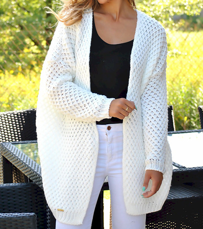 Damen Grobstrickjacke Lochmuster Lang Offener Schnitt Beige