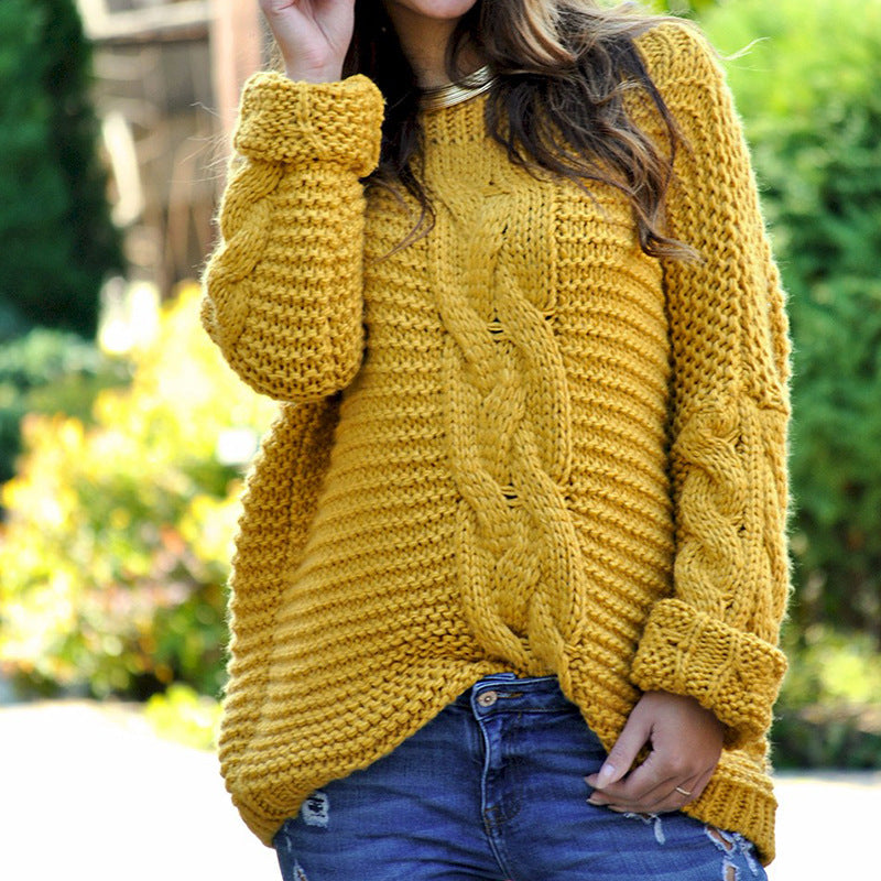 Damen Grobstrickpullover Zopfmuster Überschnittene Schultern