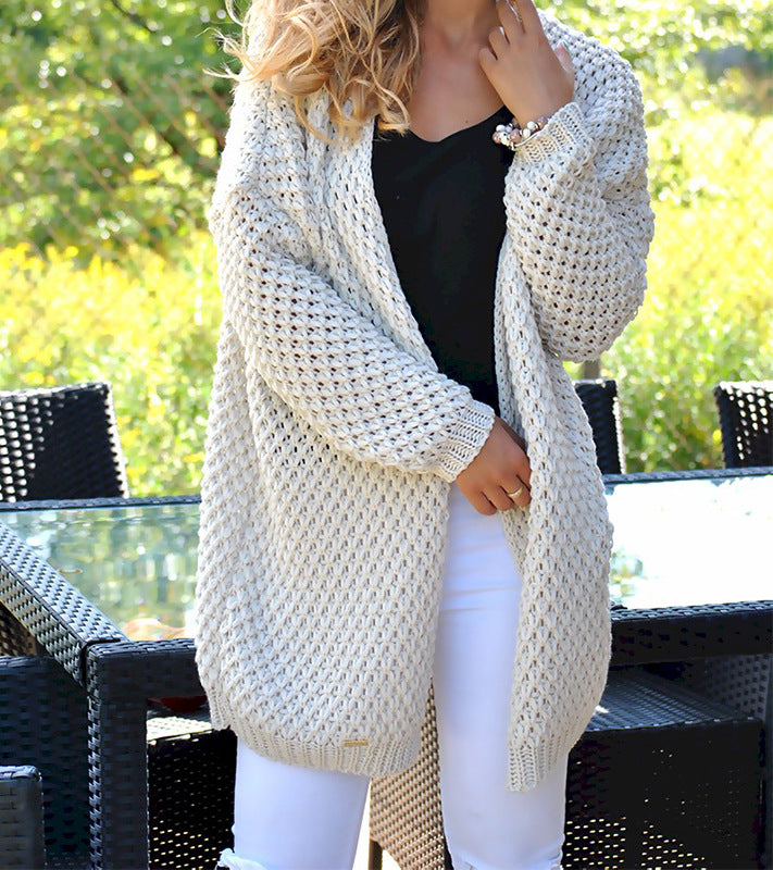 Damen Grobstrickjacke Lochmuster Lang Offener Schnitt Beige