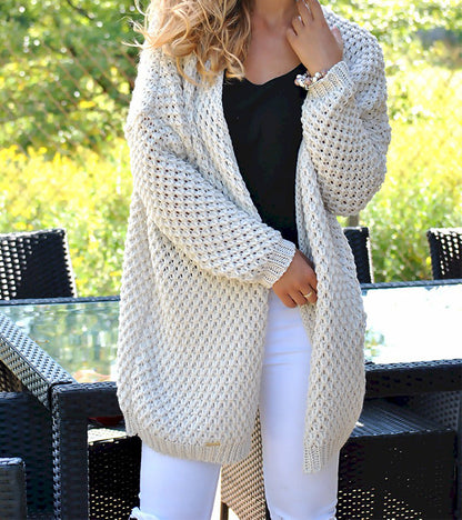 Damen Grobstrickjacke Lochmuster Lang Offener Schnitt Beige