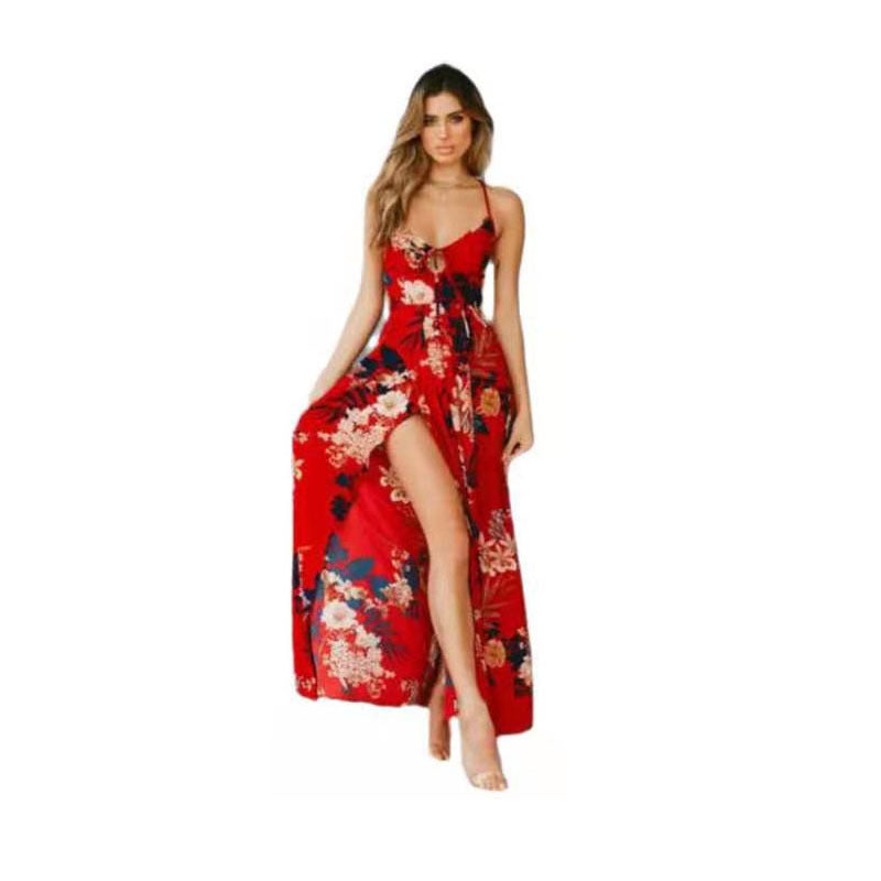 Damen Maxikleid Florales Design V-Ausschnitt