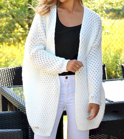 Damen Grobstrickjacke Lochmuster Lang Offener Schnitt Beige