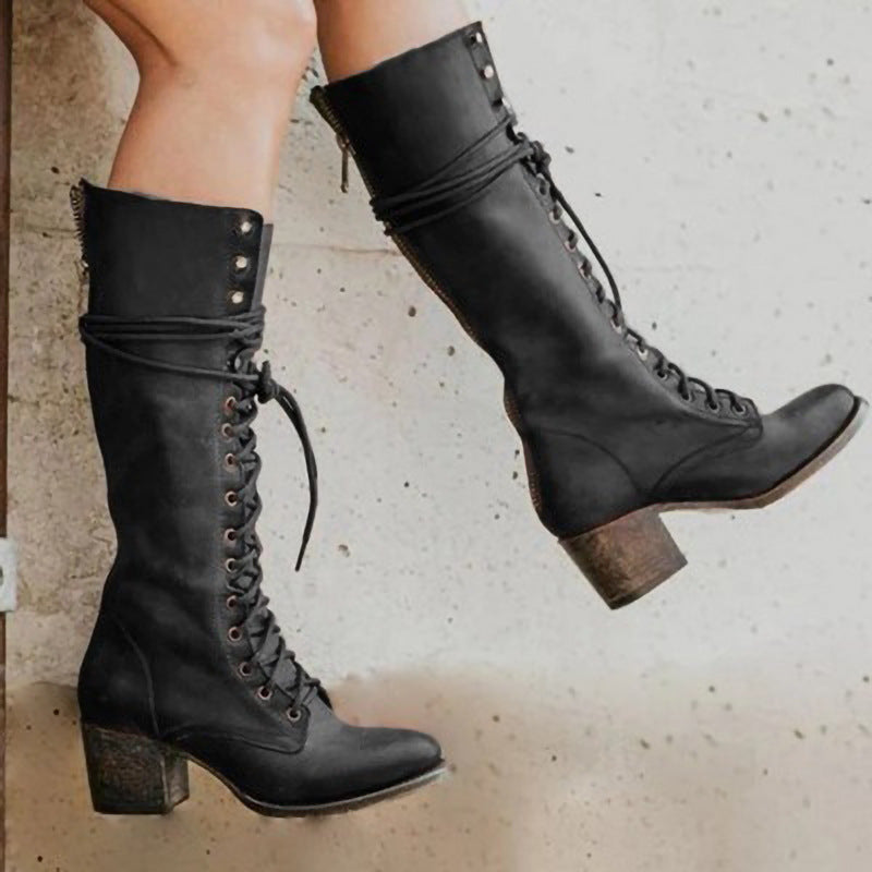 Damen Kniehohe Stiefel Frontschnürung Blockabsatz - Norvielle