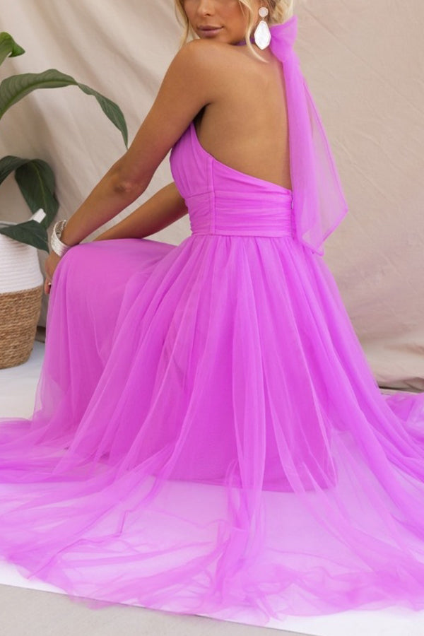 Elegantes Damen Tüllkleid Halterneck Mittellang A-Linie Weiß