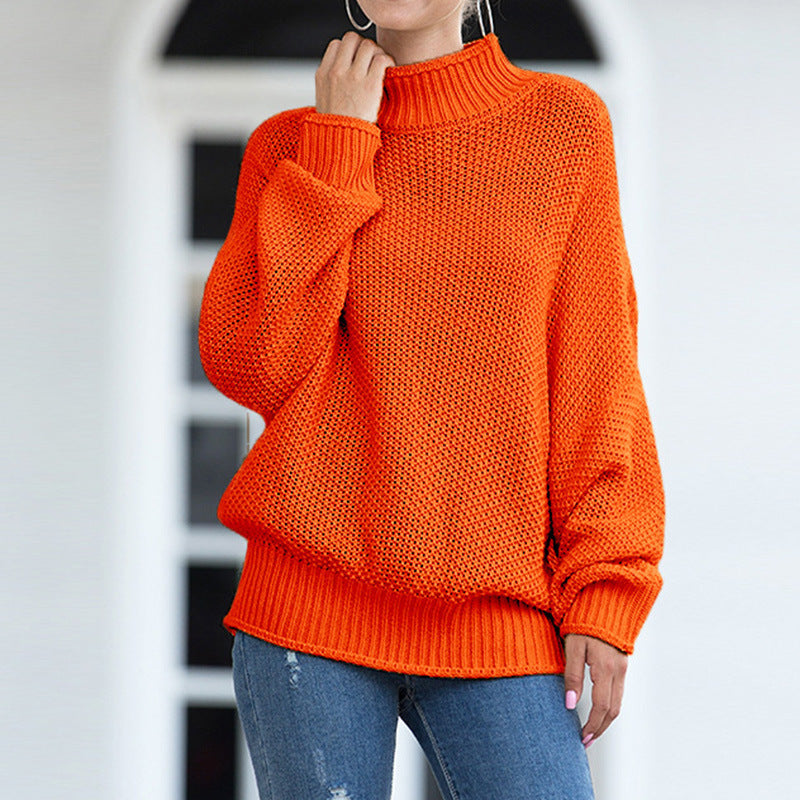 Damen Grobstrickpullover Hoher Kragen Weite Ärmel