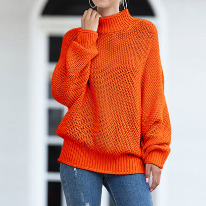 Damen Grobstrickpullover Hoher Kragen Weite Ärmel