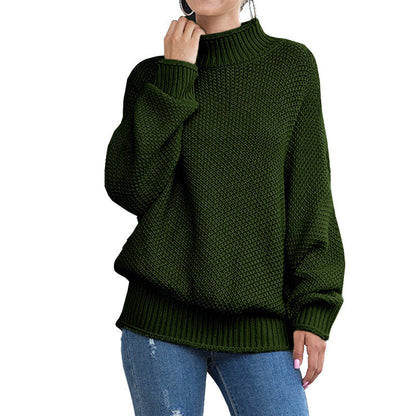 Damen Grobstrickpullover Hoher Kragen Weite Ärmel