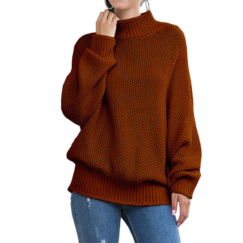 Damen Grobstrickpullover Hoher Kragen Weite Ärmel