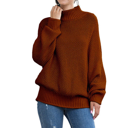 Damen Grobstrickpullover Hoher Kragen Weite Ärmel