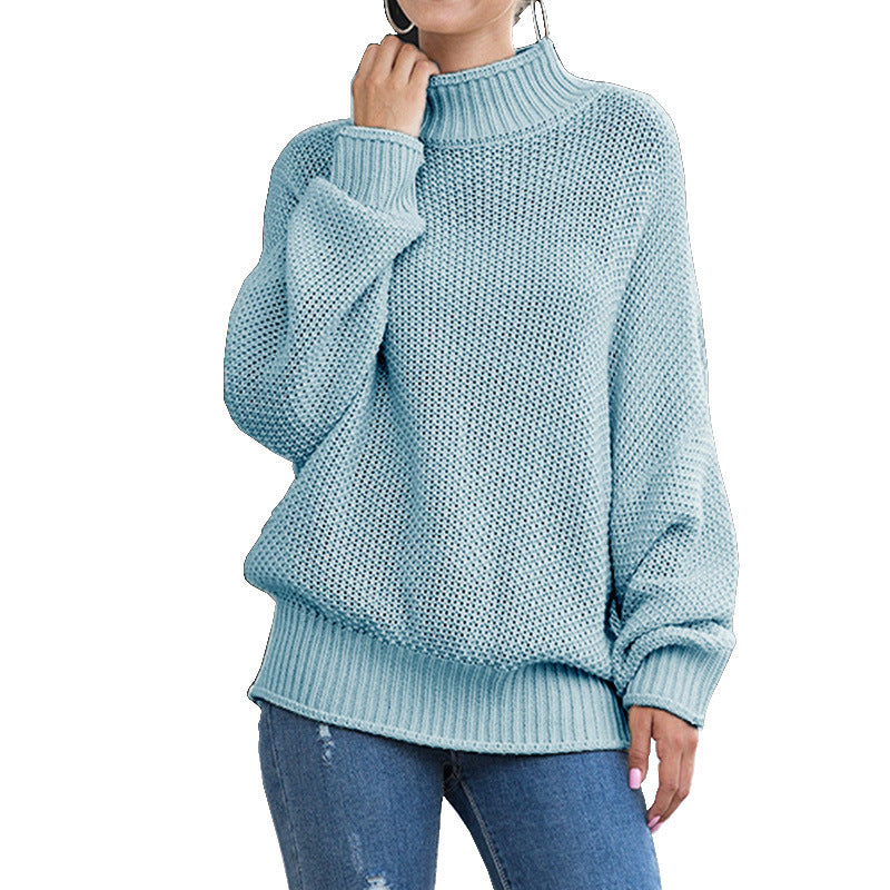 Damen Grobstrickpullover Hoher Kragen Weite Ärmel