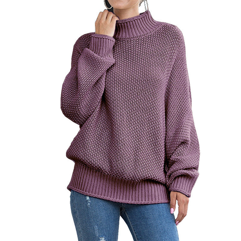 Damen Grobstrickpullover Hoher Kragen Weite Ärmel