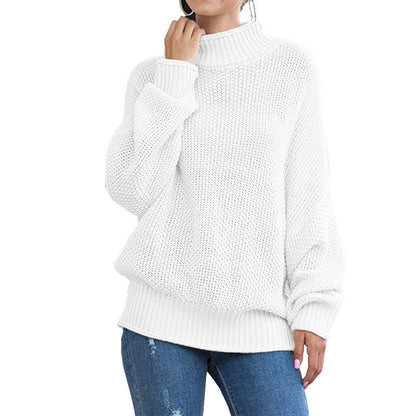 Damen Grobstrickpullover Hoher Kragen Weite Ärmel