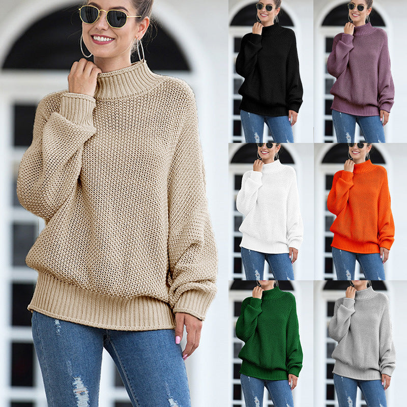 Damen Grobstrickpullover Hoher Kragen Weite Ärmel - Norvielle