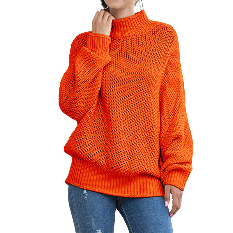 Damen Grobstrickpullover Hoher Kragen Weite Ärmel