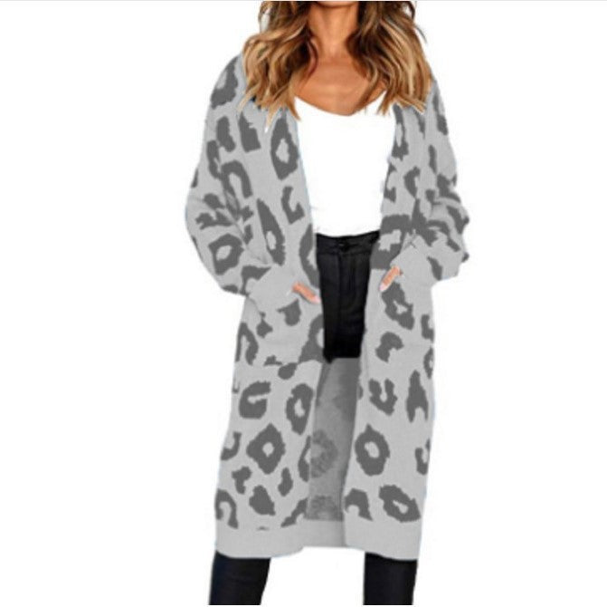 Damen Cardigan Grobstrick Animal-Print mit Taschen