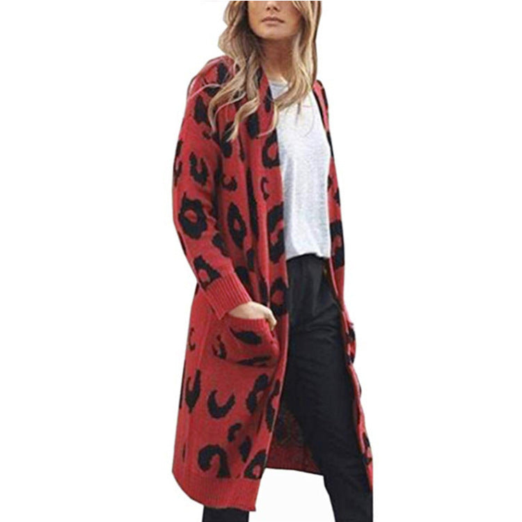 Damen Cardigan Grobstrick Animal-Print mit Taschen