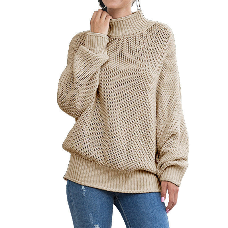 Damen Grobstrickpullover Hoher Kragen Weite Ärmel