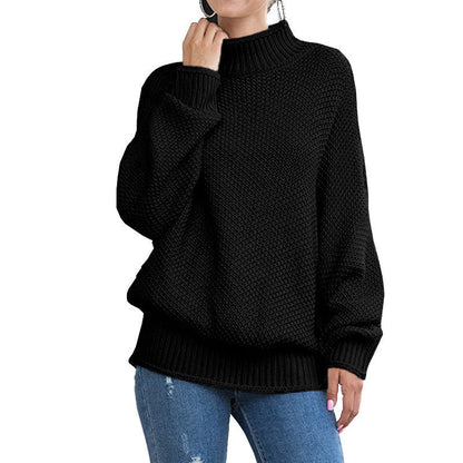Damen Grobstrickpullover Hoher Kragen Weite Ärmel