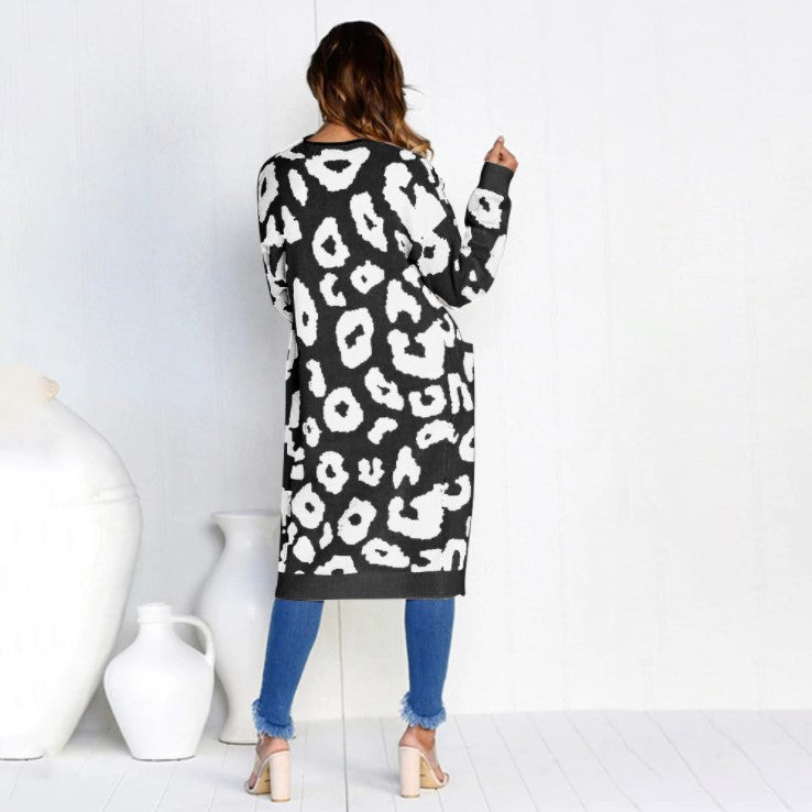 Damen Cardigan Grobstrick Animal-Print mit Taschen