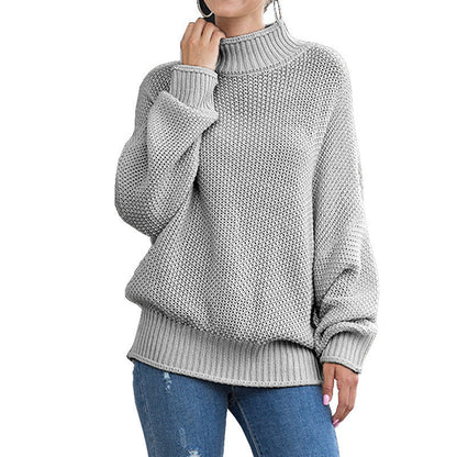 Damen Grobstrickpullover Hoher Kragen Weite Ärmel