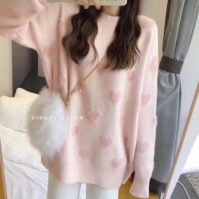 Damen Pullover Weiches Material Herzemuster Rosa