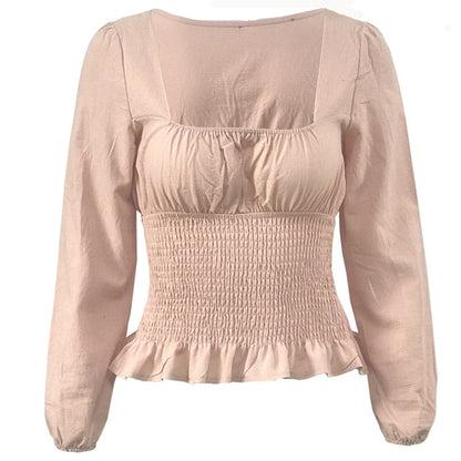 Damen Bluse Elastisch Rüschensaum Lange Ärmel Norvielle