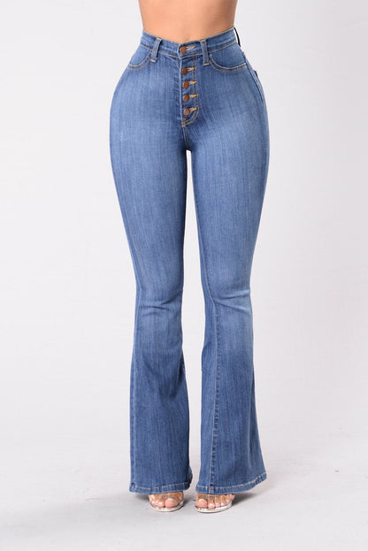 Damen Highwaist Flared Jeans Knöpfe