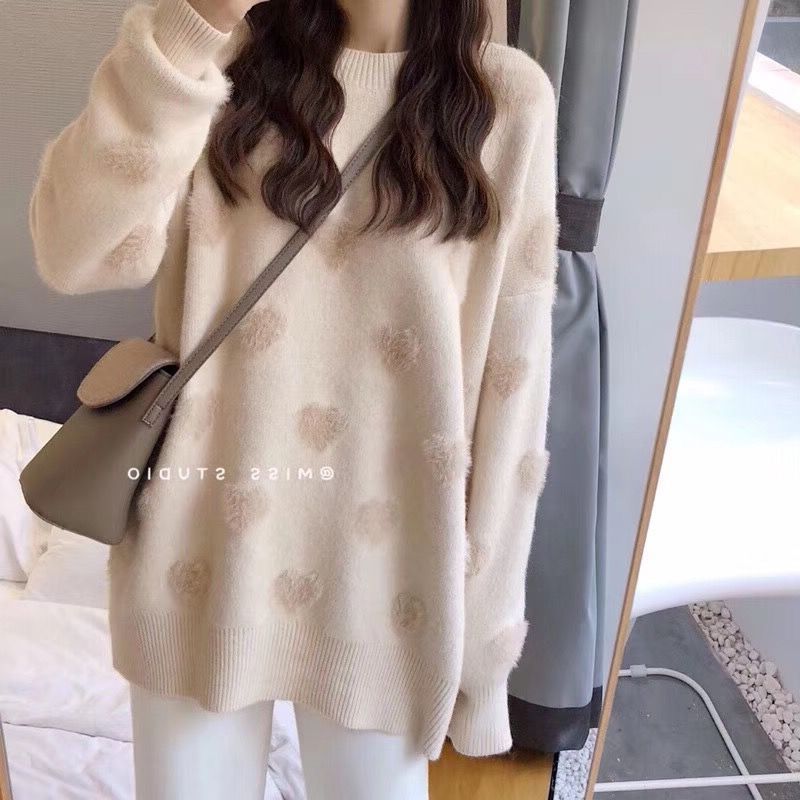 Damen Pullover Weiches Material Herzemuster Rosa