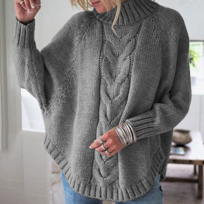 Damen Oversize Strickpullover Rollkragen Zopfmuster